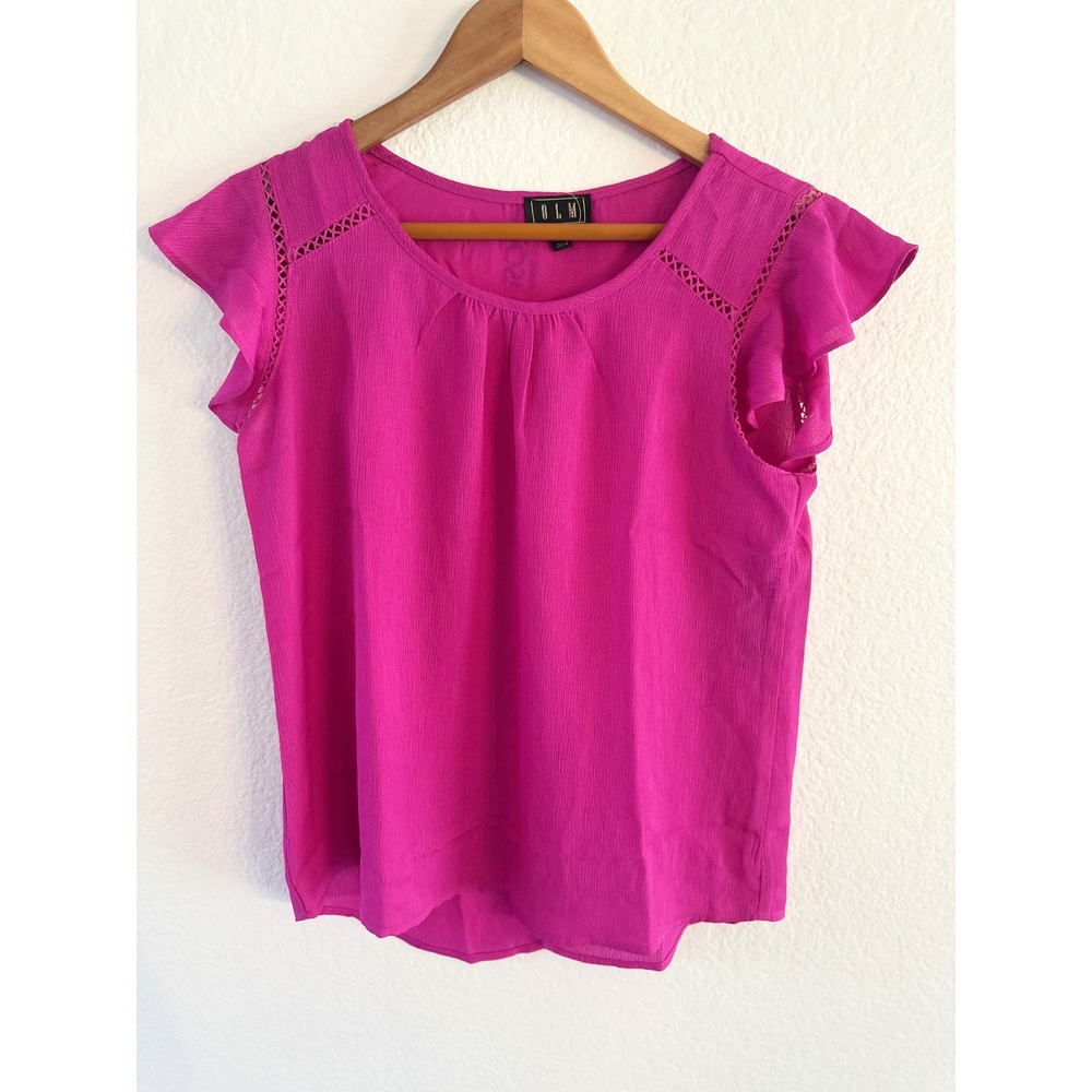 OLM Young Contemporary‎ Pink Flutter Sleeve Crochet Trim Blouse -  Medium 
NWT